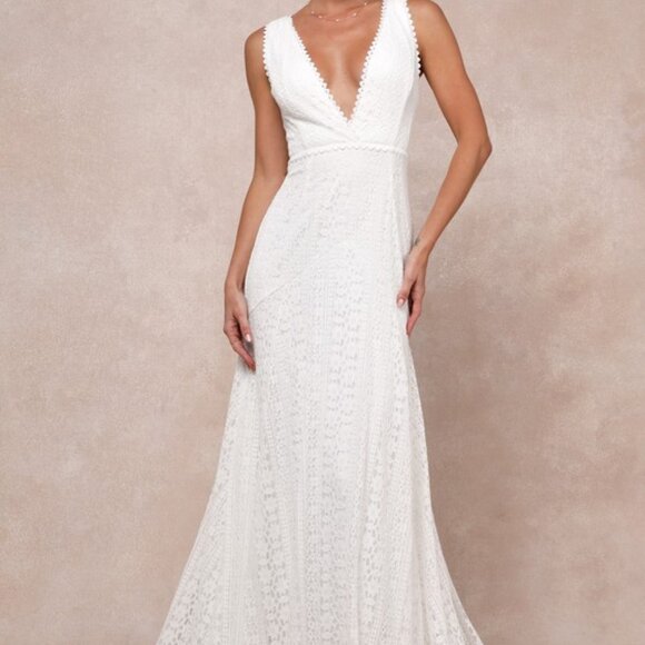 Lulus Infinite Bliss Ivory Lace Sleeveless Backless Trumpet Maxi Dress White - Picture 1 of 5